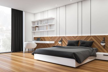 Beyaz ve ahşap bir otel, yatağı ve iş yeri, dizüstü bilgisayarı, kitaplarla dolu rafı var. Perdeli panoramik pencere, parke zemin. Dairede uyku odası, 3 boyutlu görüntüleme.