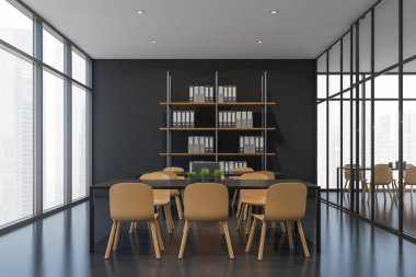 Koyu kahverengi duvarlı panoramik cam ofis tartışma alanı, beton zemin, raf ünitesi ve bej sandalyeli iki masa. Modern çalışma odası ya da toplantı odası kavramı. 3d oluşturma