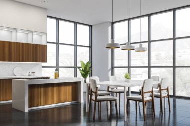 Koyu fayanslı döşeme, yan görüş, kırsal manzaralı panoramik pencere. Ahşap mutfak seti ve minimalist mobilyalar. 3B görüntüleme