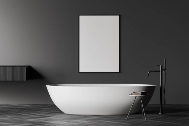 İçi boş beyaz posterlerle, küvetlerle, gri duvarlarla ve meşe ağacından parke zeminlerle dolu karanlık bir banyo. Hijyenik ve spa prosedürleri kavramı. Model yap. 3d oluşturma