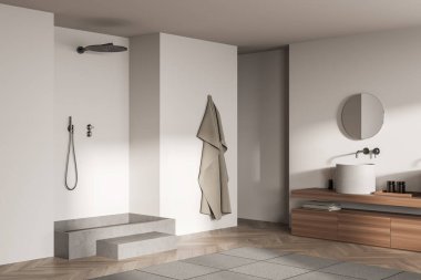 Parlak banyo manzarası duş, yuvarlak ayna, lavabo, beyaz duvarlar, havlular, halı ve meşe ağacından parke zemin. Hijyenik ve spa prosedürleri kavramı. 3d oluşturma