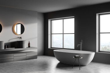 İki yuvarlak aynalı, koyu banyonun iç kısmının köşesi. Kırsal manzaralı pencere, lavabo, küvet, gri duvarlar ve beton zemin. Hijyenik ve spa prosedürleri kavramı. 3d oluşturma