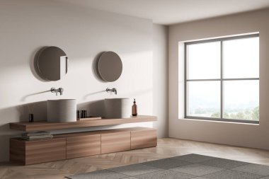 Parlak banyo manzarası, kırsal manzaralı pencere, iki yuvarlak ayna, lavabo, beyaz duvarlar ve meşe ağacından parke zemin. Hijyenik ve spa prosedürleri kavramı. 3d oluşturma