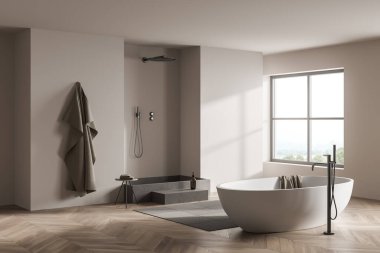 Duş, küvet, kırsal manzaralı pencere, beyaz duvarlı tabure ve meşe ağacından parke zemin. Hijyenik ve spa prosedürleri kavramı. 3d oluşturma