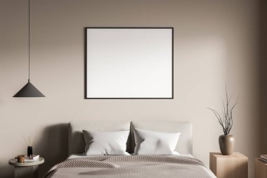 Parlak yatak odası içi boş beyaz poster, yatak, kitaplarla dolu bir sehpa ve bitkilerle dolu bir başucu. Minimalist tasarım kavramı. Uyumak için rahat bir yer. Model yap. 3d oluşturma