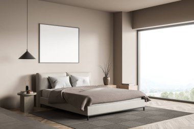 Parlak yatak odası manzarası içi boş beyaz poster, yatak, sehpa, panoramik pencere ve parke zemin. Minimalist tasarım kavramı. Uyumak için rahat bir yer. Model yap. 3d oluşturma