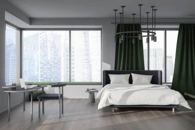 Karanlık yatak odasının içi, parke zeminde yatak ve dizüstü bilgisayarı ve sandalyesi olan iş yeri. Singapur gökdelenlerinde panoramik pencere, yeşil perdeler ve komodin. 3B görüntüleme