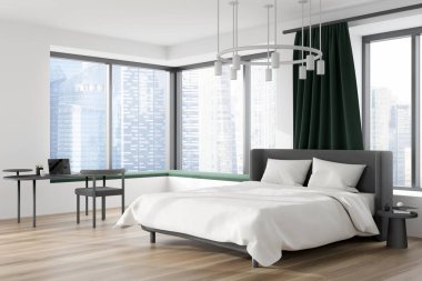 Yatak odasının içi aydınlık, parke zemin üzerinde yatak ve iş yeri dizüstü bilgisayarı ve koltuğu olan, yan manzaralı. Singapur gökdelenlerinde panoramik pencere, yeşil perdeler ve komodin. 3B görüntüleme