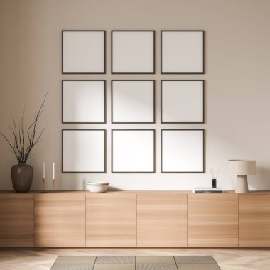 Ahşap çekmecesi, kitapları, vazosu ve lambası olan bej renkli bir sanat odası. Galeri alanında şık bir dekorasyon. Dokuzuncu sıra, 3B görüntüleme, duvardaki çerçeve maketleri