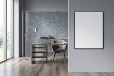 Gri arkaplandaki boş beyaz tuval. Duvarı, ahşap zemini, koltuğu ve büfesi olan kişisel masası olan yönetici ofisi. Modern iç tasarım kavramı. Modelleme. 3d oluşturma