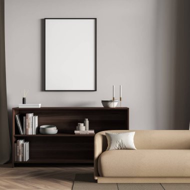 Kanepe, çekmece, kitap, dekorasyon, halı ve parke zemin olan ahşap bir kitaplık. Beyaz duvardaki boş tuval, 3 boyutlu görüntüleme