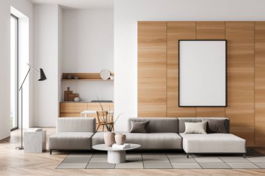 Mutfak içinde gri kanepe, halıda kahve masası, parke döşeme. Minimalist tasarım, askı ve mutfak gereçleri, kırsal pencereli mutfak seti. Tablo çerçevesini, 3 boyutlu görüntülemeyi düzenle