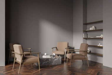 Dört koltuk, kahve masası, kitap ve çanak çömlek rafları, gri duvarlar ve meşe ağacından parke zeminli koyu renk oturma odası. Çağdaş daire tasarımı kavramı. 3d oluşturma