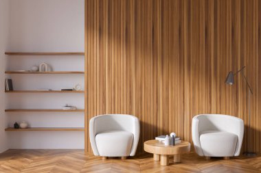 İki koltuk, kahve masası, kitap ve çanak çömlek rafları, beyaz duvarlar ve meşe ağacından parke zeminli parlak bir oturma odası. Çağdaş daire tasarımı kavramı. 3d oluşturma