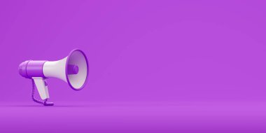 Mor zemin üzerinde hoparlör, reklam ve tanıtımın sembolü olarak megafon anonsu. Reklam mesajları için megafon. Uzayı kopyala, 3B görüntüleme