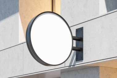 Dış tarafı boş yuvarlak ışıklı tabela, yan görüş, beton duvar. Kopyalama alanı, 3B oluşturma