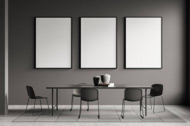 Beş koltuklu gri oda ve halıda siyah ahşap masa, gri beton zemin. Mobilyalı ve dekorasyonlu yemek odası. Üç çerçeve duvarda, üç boyutlu görüntüleme