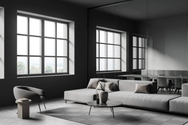 Kanepesi ve koltuğu olan bir salon, halıdaki kahve masası, gri beton zemin, cam bölmenin arkasındaki toplantı odası, panoramik pencere manzarası. 3B görüntüleme