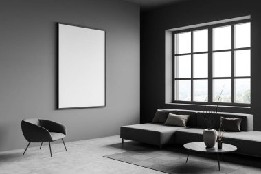 Koltuğu ve koltuğu olan gri oturma odası, halıda kahve masası ve kırsal manzaralı gri beton zemin. 3 boyutlu görüntüleme, duvardaki çerçeveyi düzenle