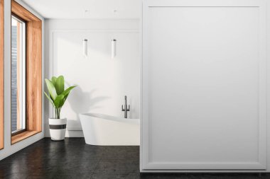 Siyah fayansların üzerinde beyaz küvetin olduğu bir banyo. Şehir manzaralı bitki ve ahşap pencere. Girişten önce beyaz duvardaki kanvas, 3B görüntüleme