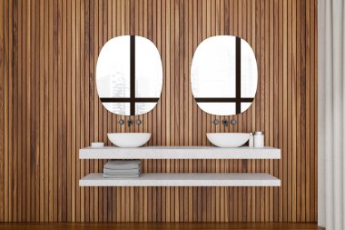 İki oval ayna, lavabo, ahşap duvarlar, sıvı sabun, havlular, perde ve meşe ağacından zemin. Hijyenik ve spa prosedürleri kavramı. 3d oluşturma