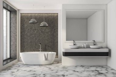 Gri banyo içi, iki lavabo ve kare ayna, mermer döşeme üzerinde şehir manzaralı beyaz bir küvet. Modern dairede minimalist banyo. 3B görüntüleme
