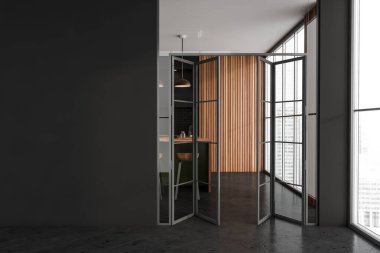 Çerçevelenmiş cam kapılar ve arka plandaki ahşap duvar panelinin yanına uzay duvarını kopyala. Siyah mutfak koridoru iç tasarımı fayanslı zemin ve panoramik manzaralı. Sanayi konsepti. 3d oluşturma