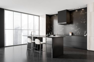 Bar tezgahı, bar taburesi, kahve makinesi şehir manzaralı panoramik pencere elektrikli fırın, siyah duvar ve beton zemin. Minimalist tasarım kavramı. 3d oluşturma