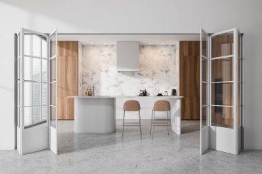 Parlak mutfak odası tezgahı, bar taburesi, cam kapı şehir manzaralı panoramik pencere, elektrikli fırın, beyaz mermer duvar ve beton zemin. Minimalist tasarım kavramı. 3d oluşturma