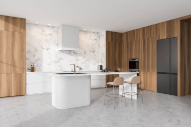 Parlak mutfak odasının iç tarafında dolap, elektrikli fırın, çift fırın bar tezgahı bar taburesi, beyaz mermer duvar ve beton zemin. Minimalist tasarım kavramı. 3d oluşturma