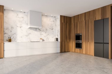 Dolabı, buzdolabı, elektrikli fırını, çift fırını, beyaz mermer duvarı ve beton zemini olan parlak mutfak odası. Minimalist tasarım kavramı. Yaratıcı fikir için boş alan. 3d oluşturma