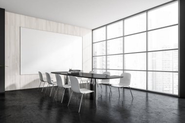 Karanlık ofis odasının iç tarafında, toplantı panosu, beyaz poster, panoramik pencere ve beton zemin. Çalışma süreci ve toplantı için mükemmel bir yer. Model yap. 3d oluşturma