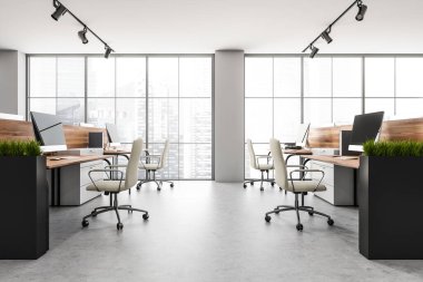 Beyaz çalışma odasının içinde koltuklar, masada bilgisayarlar, gri beton zemin. Masaüstü ile ofis alanı, Singapur gökdelenleri ile panoramik pencere, 3B oluşturma