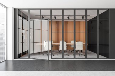 Gri beton zemin, koltuklar ve masa ile ofis içi konferansı. Modern ofiste cam kapıların arkasında özel toplantı odası. Penceresi şehir manzaralı, 3D görüntülü.