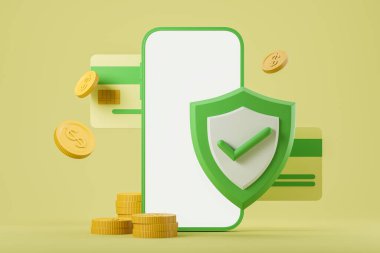 Akıllı telefon boş ekran, finansal güvenlik ve kredi kartı. Para transferi ve yeşil kalkan. Kripto para ve koruma. Görüntü kopyalama alanı oluştur. 3B görüntüleme