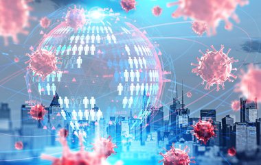 Dünya küresi insan simgeleriyle, virüslü hologramlarla ve New York 'ta gökdelenlerle dolu. Ofis binaları ve karantina, finans merkezi. Şirkette sağlık sigortası kavramı