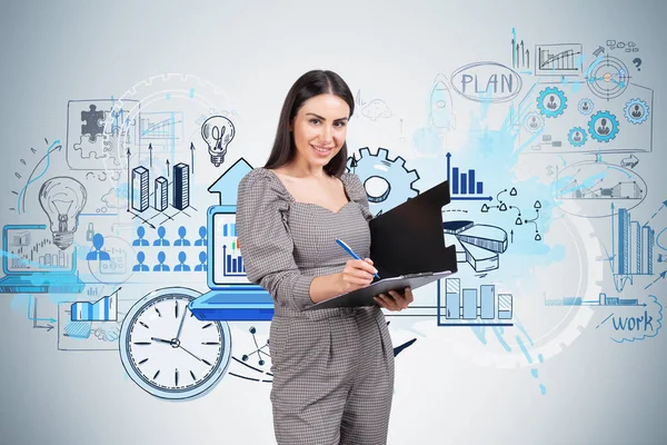 Smiling Young Attractive Businesswoman Wearing Formal Wear Holding Clipboard Taking — Stock Photo, Image