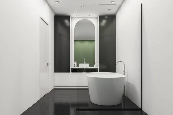 Interior Banheiro Branco Preto Com Pia Banheira Prateleiras Toalhas Porta — Fotografia de Stock