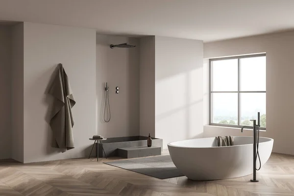 Intérieur Lumineux Salle Bain Avec Douche Baignoire Fenêtre Avec Vue — Photo