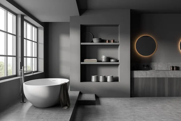 Bagno Interno Grigio Lavabo Con Specchio Rotondo Vista Laterale Vasca — Foto Stock