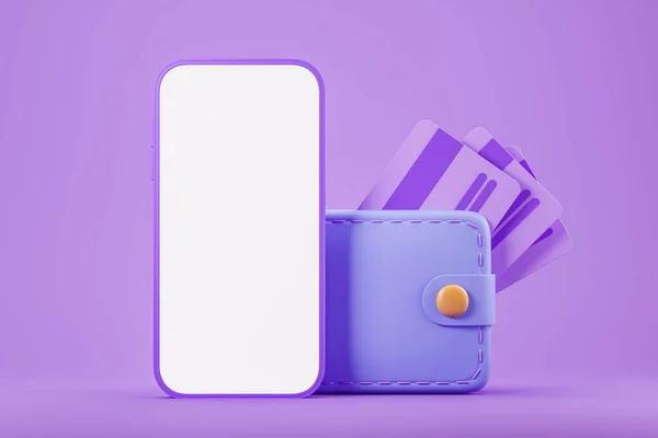 Smartphone Carteira Com Cartão Fundo Roxo Branco Simular Tela Móvel — Fotografia de Stock