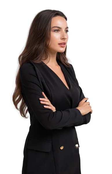 Mujer Negocios Con Perfil Seguro Vestida Con Traje Negro Hermoso —  Fotos de Stock