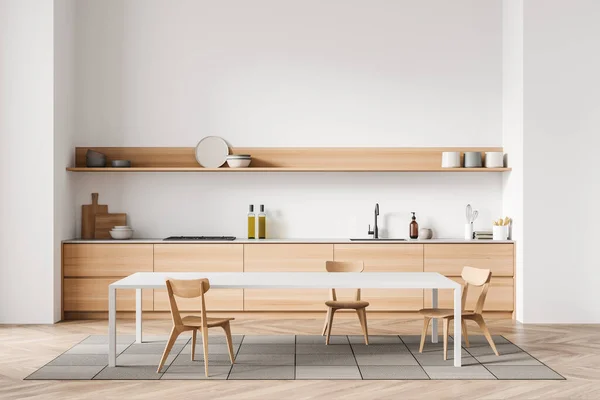 Interior Cozinha Elegante Com Cadeiras Mesa Jantar Tapete Pia Utensílios — Fotografia de Stock