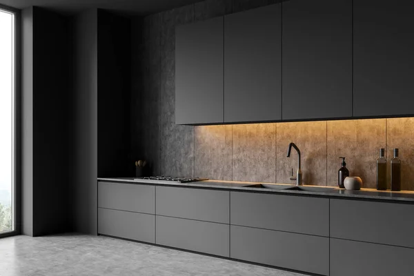 在黑暗的厨房室内的角落 有橱柜 全景窗 灰色墙壁 液体肥皂和混凝土地板 简约设计的概念 3D渲染 — 图库照片