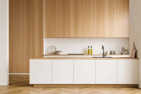 Interior Cocina Moderna Con Mesa Lavabo Platos Cubierta Estantes Madera —  Fotos de Stock