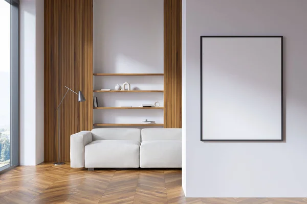 空の白いポスター パノラマウィンドウ ソファ 書籍や食器棚 木製の寄木細工の床と明るいリビングルームのインテリア 現代的なアパートのデザインの概念 モックアップ 3Dレンダリング — ストック写真
