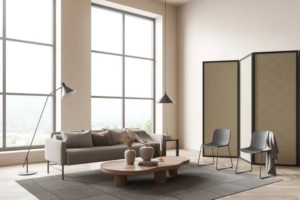 有沙发和扶手椅的白色客厅室内 有地毯装饰的咖啡桌 餐篮地板 新加坡城市全景窗 最小的访客空间 3D渲染 — 图库照片