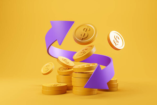 Coins with dollar sign floating, violet arrows. Cashback and return in online shopping. Concept of refund and digital payment with money back. 3D rendering