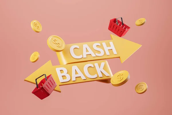 Piros Kosár Lebegő Érmék Szöveg Cashback Nyilak Rózsaszín Háttér Visszatérítés — Stock Fotó