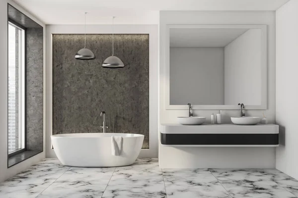 Graues Badezimmer Zwei Waschbecken Und Quadratischer Spiegel Weiße Badewanne Auf — Stockfoto